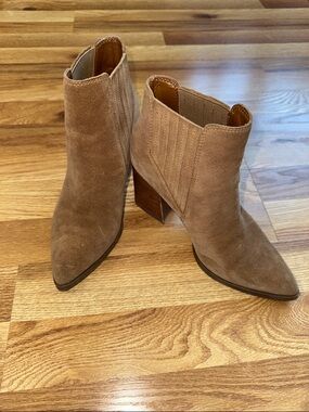 Marc Fisher Taupe Suede Pointed-Toe Ankle Boots with Block Heel